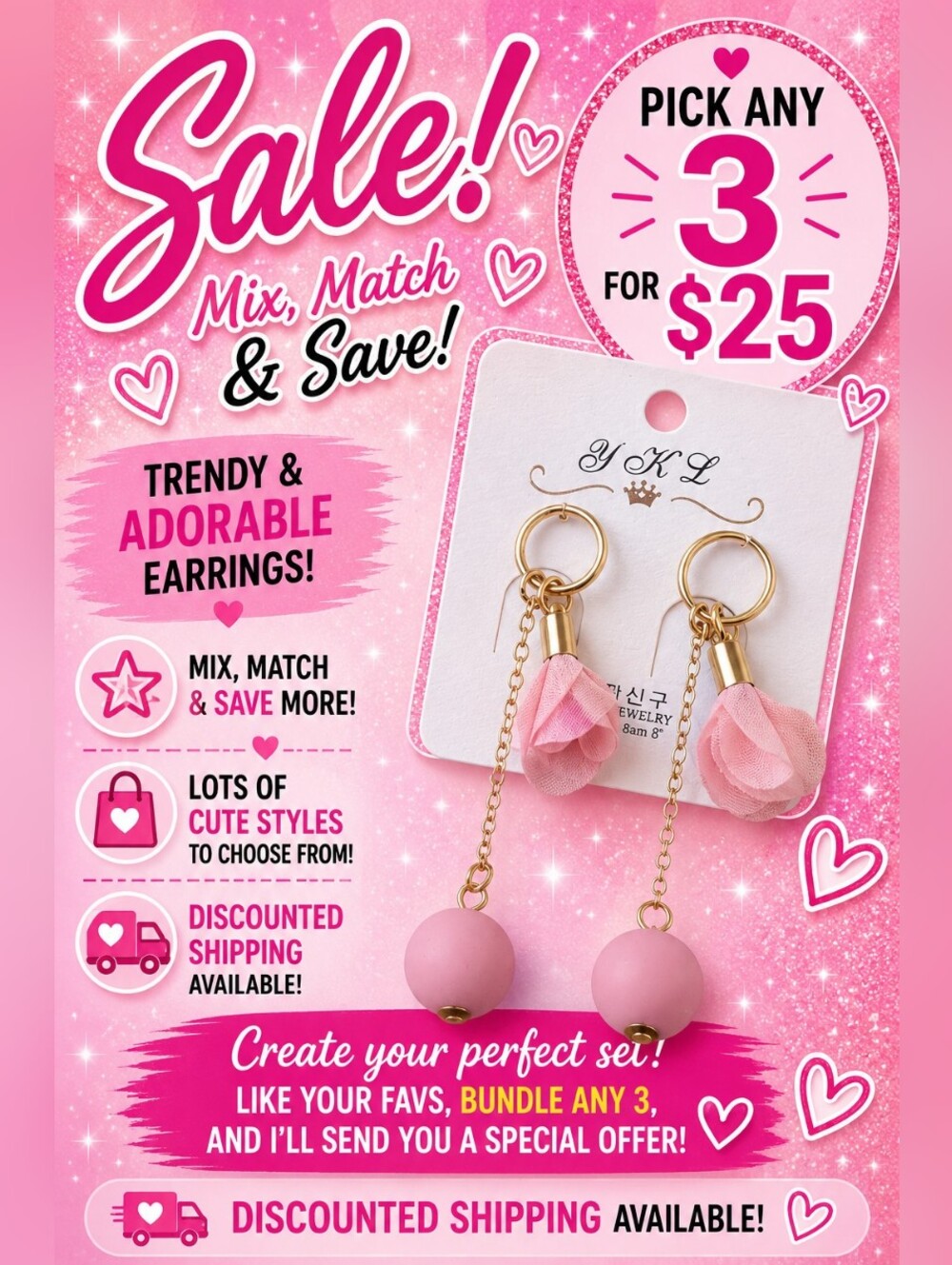 Pink Bead & Ribbon Drop Hoop Earrings Gold Tone